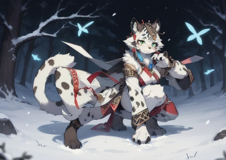 snow leopard, Humanity, furry, woman, woman化的, fur, detailed fur masterpiece, best quality, The art of math, (Practical:0.3), cartoon, Detailed lines, High resolution, Visually stunning (detailed lighting, Depth of Field:0.9), Detailed Color, Colorful and perfect hands, Detailed hands (fair, Lovely, Fluffy:1.2), detailed body, , 1 girl, Solitary, Smiling Outdoors, nature, Tribal accessories, Tribal clothing,Bright green eyes,Posing hunting pose detailed full body concept,Background in the steppe