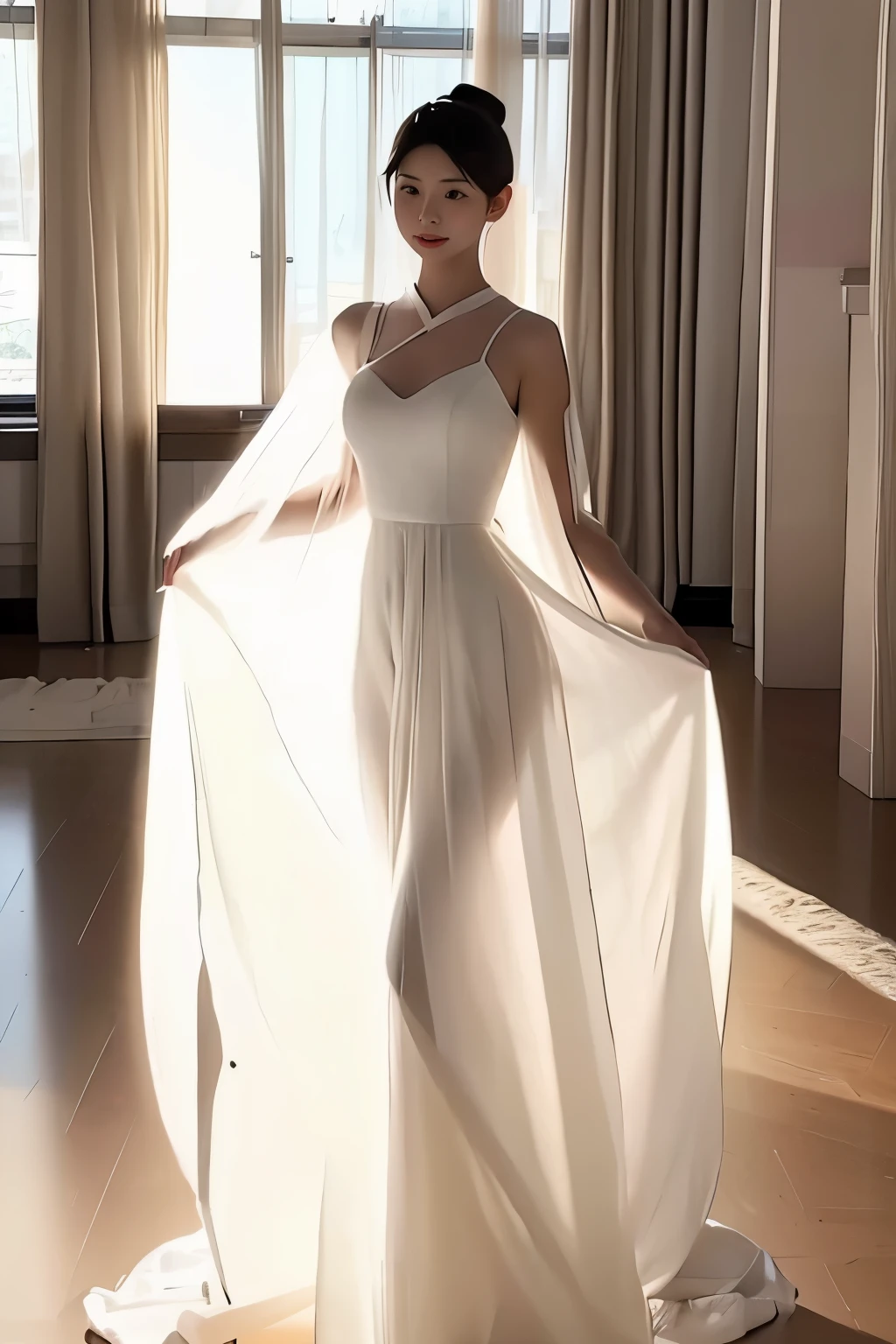 (masterpiece, best quality:1.2), 1girl, solo, delicate face, white-skinned female, see-through silhouette, white dress, full body, indoor