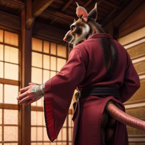 low-angle view,
standing, dojo, japanese temple, inside, clothed, kimono, red kimono, rat tail, red eyes, goatee, brown body, white fur, black fur, bandages, safe,
(master splinter:1.2), rear view, butt, flaccid penis, hyper balls:1.35, solo, no clothes
BREAK,
by bruteandbrawn, by personalami, by kenket, (intricate, high detail, film photography, soft focus, RAW candid cinema,
photorealism, realistic, photorealistic, analog style, subsurface scattering,
masterpiece, best quality, ultra realistic, 8k)