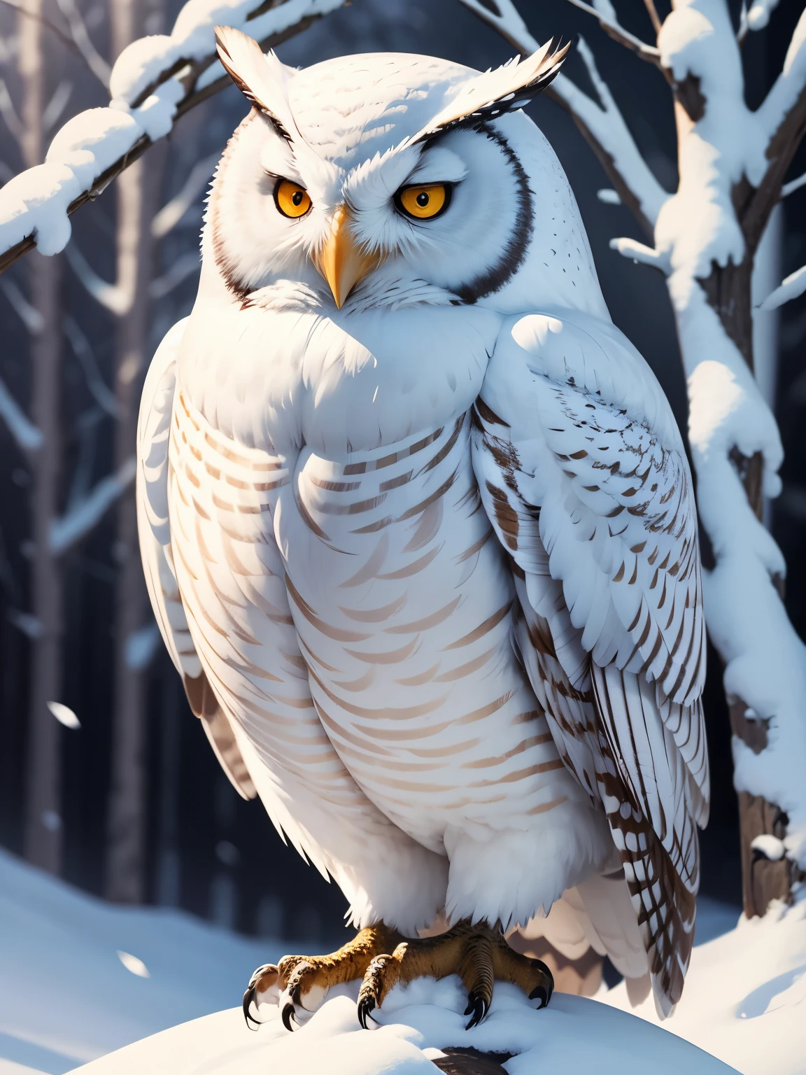 white owl, snowy background, ultra detailed, high quality, 8k resolution