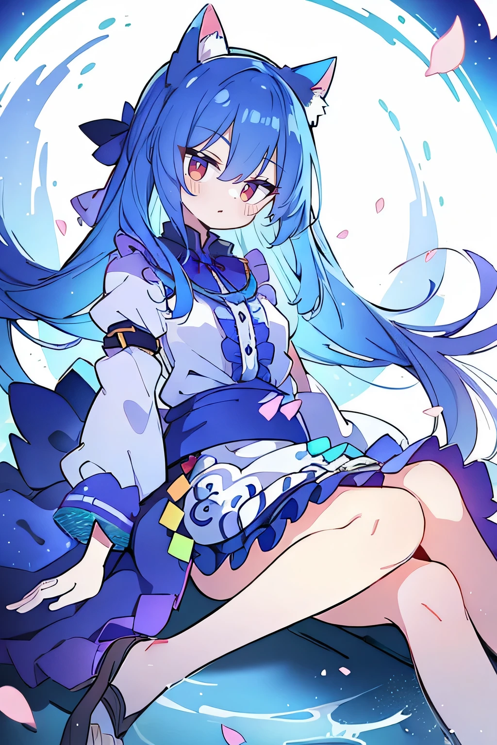 (masterpiece:1.2),ultra-detailed,realistic,expressive eyes,fair-skinned,perfectly shaped face,1girl,
Japanese cartoons,Gorgeous blue hair, flowing blue hair,floating clothes,cat ears,petals falling,beautiful Lola,Hina Angel,
hands on waist,gracefully sitting on the ground,legs crossed,gentle and serene background,cool and comfortable pavilion.