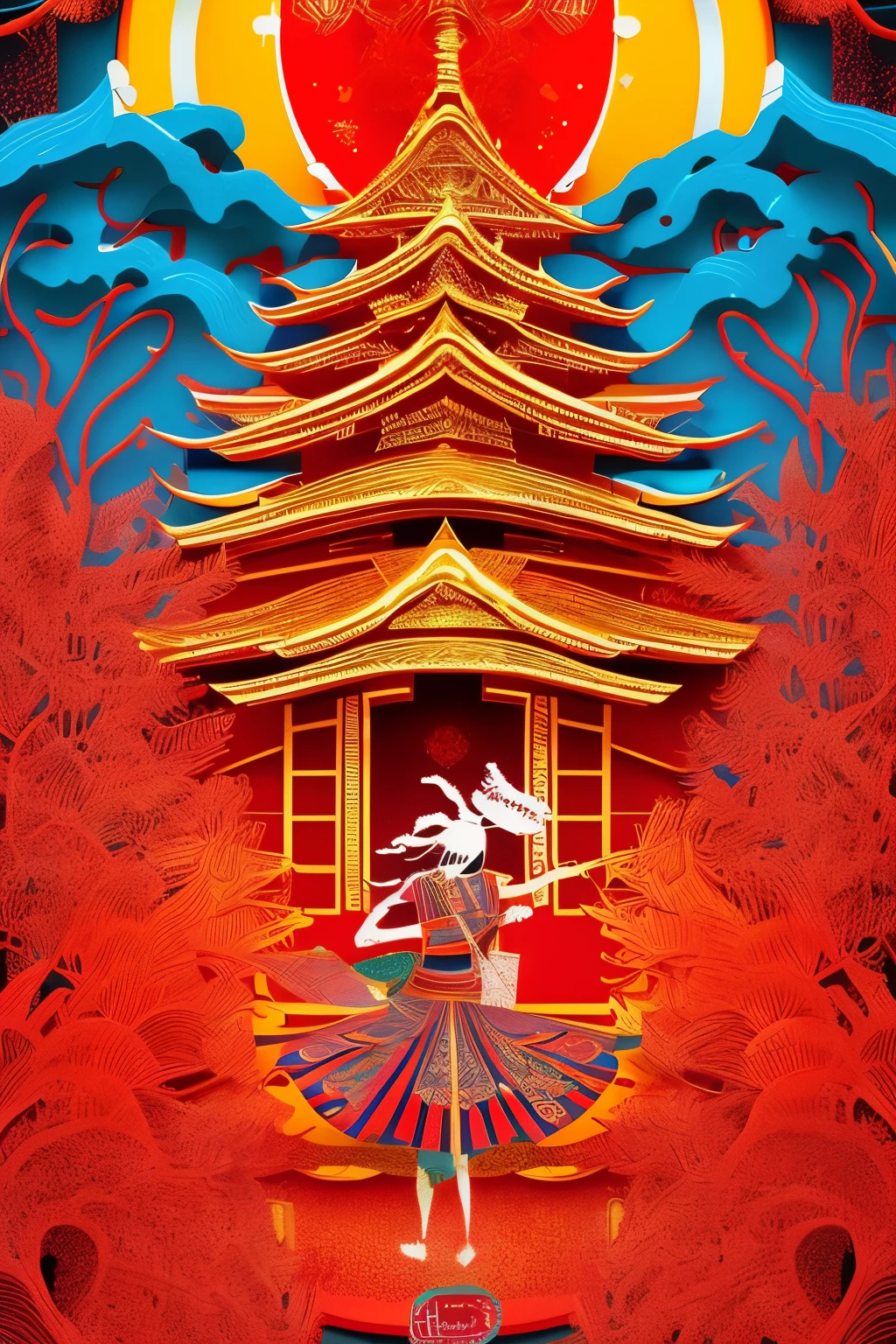 best quality, super fine, 16k, incredibly absurdres, extremely detailed, delicate, flashy and dynamic depiction, solid red, orange to red gradient, black line art, dance of a shrine maiden at a Japanese shrine or temple, wind, wind-effect, AI's extraordinary skills and sense