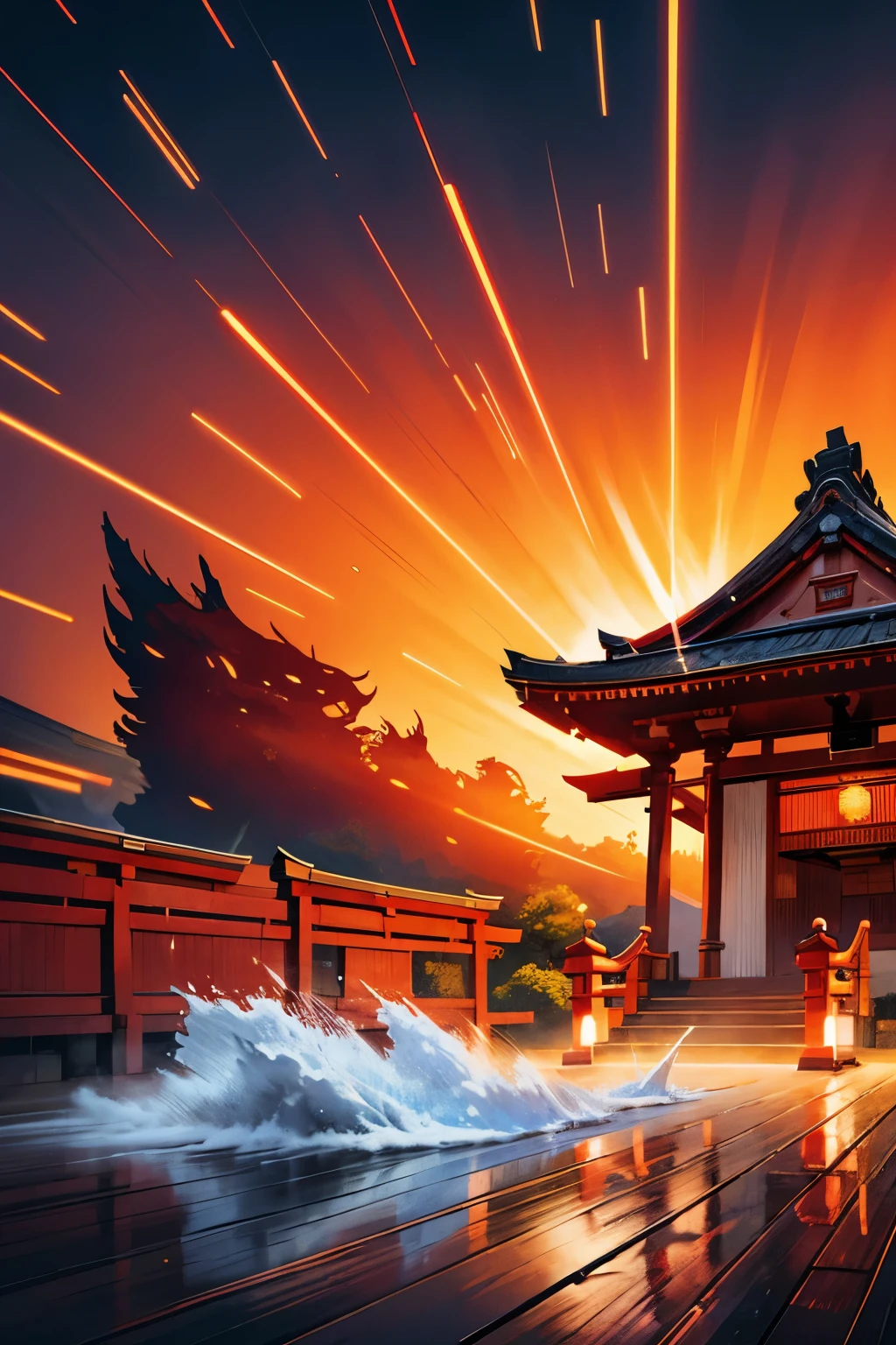 best quality, super fine, 16k, incredibly absurdres, extremely detailed, delicate, flashy and dynamic depiction, solid red, orange to red gradient, black line art, dance of a shrine maiden at a Japanese shrine or temple, wind, wind-effect, AI's extraordinary skills and sense, blend art, mixture art, design art