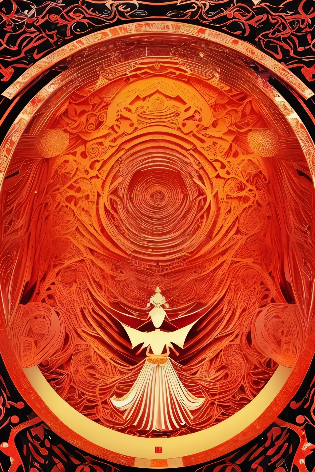 best quality, super fine, 16k, incredibly absurdres, extremely detailed, delicate, flashy and dynamic depiction, solid red, orange to red gradient, black line art, dance of a shrine maiden at a Japanese shrine or temple, wind, wind-effect, AI's extraordinary skills and sense, blend art, mixture art, design art