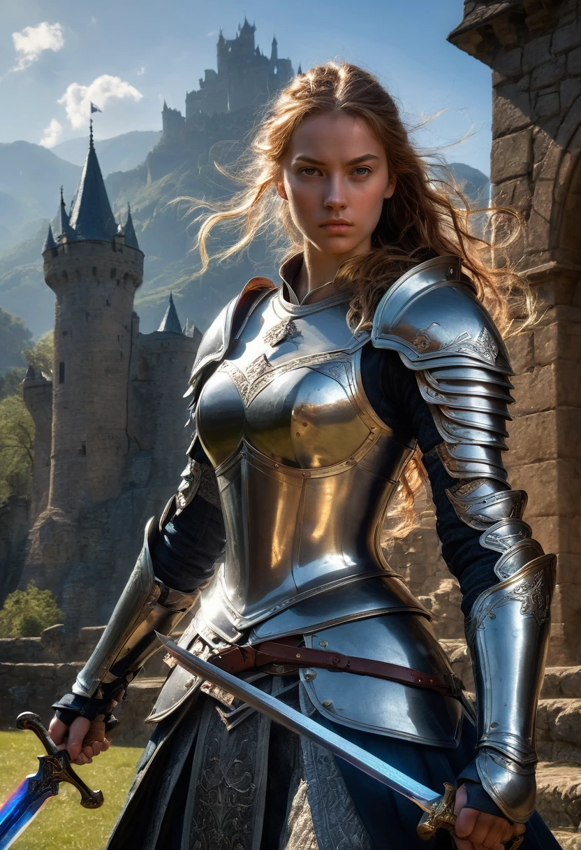 1girl,Swordsman,(with sword and armor),medieval setting,heroic pose,dramatic lighting,vivid colors,realistic details,strong and muscular,action-packed,blade sparkling in sunlight,background of castle and mountains,battlefield chaos,worn and battle-scarred armor,steely determination,ferocious eyes,swirling cloak,confident and skilled stance,(sword slashing through the air:1.1).(best quality,4k,highres),epic battle scene,brave and fearless warrior,striking and powerful image.