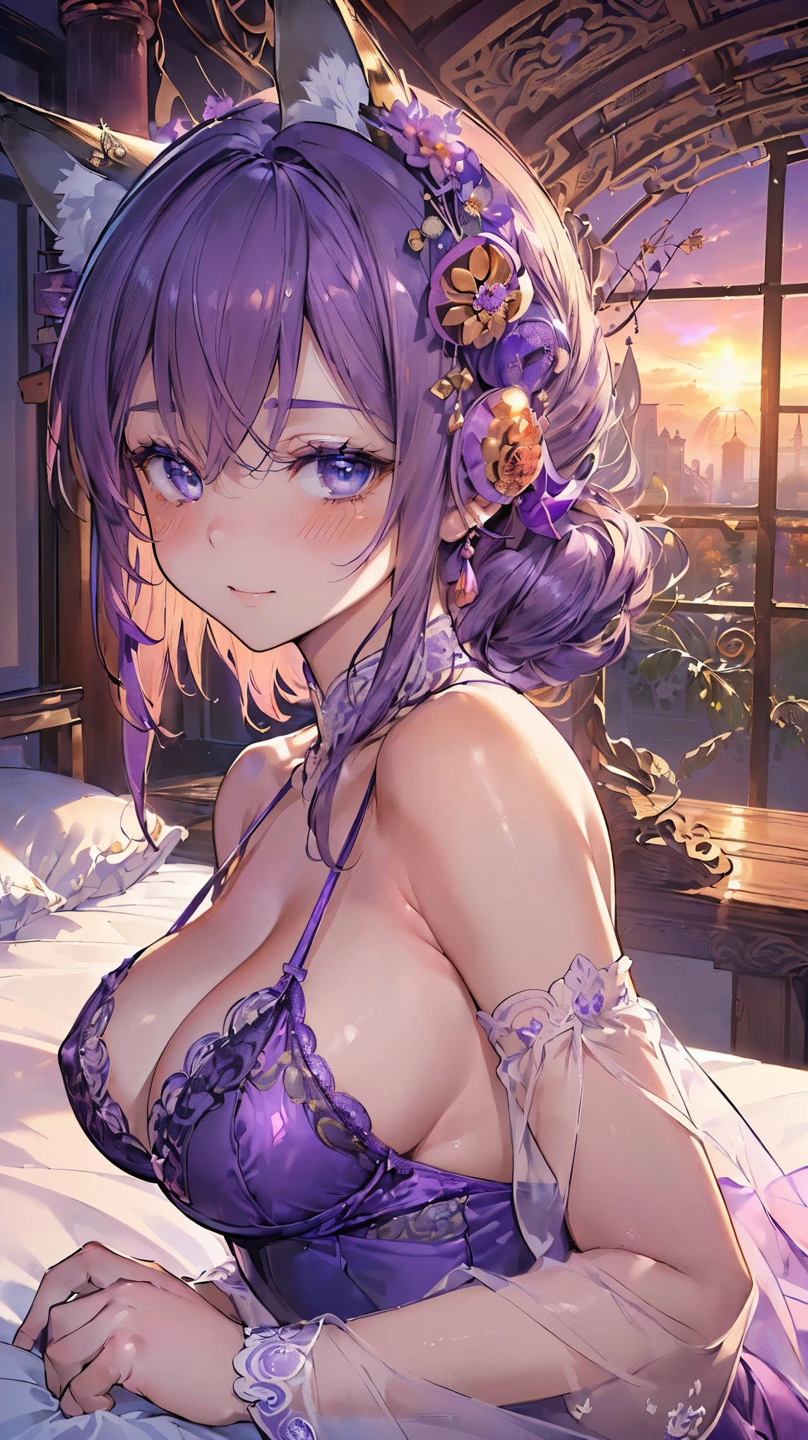 (((Masterpiece))), (((Highest quality))), ((Ultra-detailed)), ((Super fine illustration)), ((Ultra-fine painting)), (16K highest quality wallpaper:1.4), (Upper body:1.6), HDR, (Highly detailed and delicate illustration style:1.8), Detailed skin texture, Detailed cloth texture, Extreme detailed description, (T-masterpiece), (Highly detailed face:1.2), (Highly detailed purple fox ears:1.2), (Highly detailed shiny purple medium hair:1.2), (Highly detailed beautiful eyes:1.2), Original, RAW photo, Professional, Intricate details, Super details, Direct light:1.6, (Perfect anatomy:1.4), (Highly detailed hands:1.2), (Highly detailed fingers:1.2), (Highly detailed fingertips:1.2), (Sexy), (Sexy), (27-years-old), Real, (Solo:1.6), ((A very beautiful and attractive purple fox fashion model who is a messenger of God and a traditional Japanese sacred shrine maiden:1.4)) BRAKE (Absolutely perfect completely sleeping deeply on the Highly detailed stylish and luxurious bed:1.2) BRAKE (Beautiful and adorable purple fox ears:1.6), (Highly detailed and delicate purple fox ears:1.2), (Beautiful and well-shaped big breasts:1.2), (Beautiful and well-shaped buttocks:1.2), (Beautiful and shiny purple medium hair:1.6), (Highly detailed and delicate purple medium hair:1.4), (Beautiful clear blue eyes that shine with great detail:1.6), (Highly detailed and delicate blue eyes:1.2), (Highly detailed face:1.4), (Smile:1.4), (Blush:1.6), (Looking at viewer:1.4) BRAKE ((Bright Purple:1.25) sexy lingerie bra:1.3), ((Bright Purple:1.25) sexy lingerie panties:1.3), (Sexy lingerie bra and sexy lingerie panties only:1.6), ((The color of the sexy lingerie is Bright Purple:1.6)) BRAKE (Highly detailed Stylish and luxurious bedroom:1.2), (Highly detailed stylish and luxurious bed:1.2) BRAKE (Just after sunrise:1.5), (Intricate and detailed Beautiful sunrise and castle garden scenery:1.6), (Highly detailed and delicate luxury bedroom and bed in the background:1.4) BRAKE (NSFW) BRAKE
