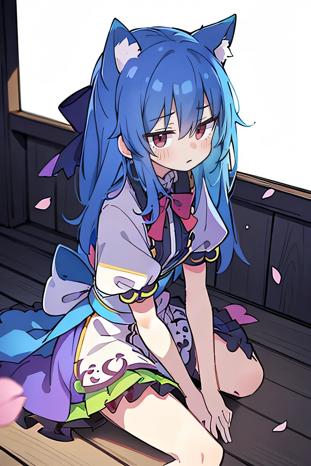 (masterpiece:1.2),ultra-detailed,realistic,expressive eyes,fair-skinned,perfectly shaped face,1girl,
Japanese cartoons,Gorgeous blue hair, flowing blue hair,floating clothes,cat ears,petals falling,beautiful Lola,Hina Angel,
hands on waist,gracefully sitting on the ground,legs crossed,gentle and serene background,cool and comfortable pavilion.