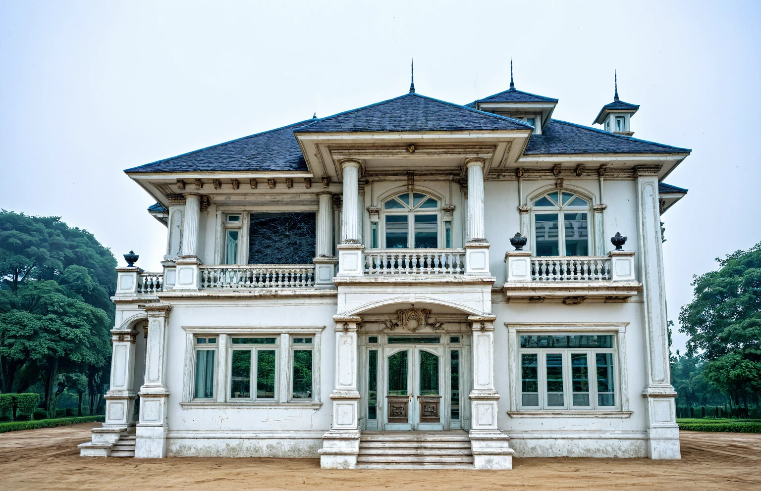 a man walking in front of a large white house with a lot of dirt, photo from 2022, neo - classical style, rich house, majestic masterpiece, neoclassical style, neo-classical, neo - classical, huge smashed mansion, neoclassicism style, guangjian, a long-shot from front, f42, hou china