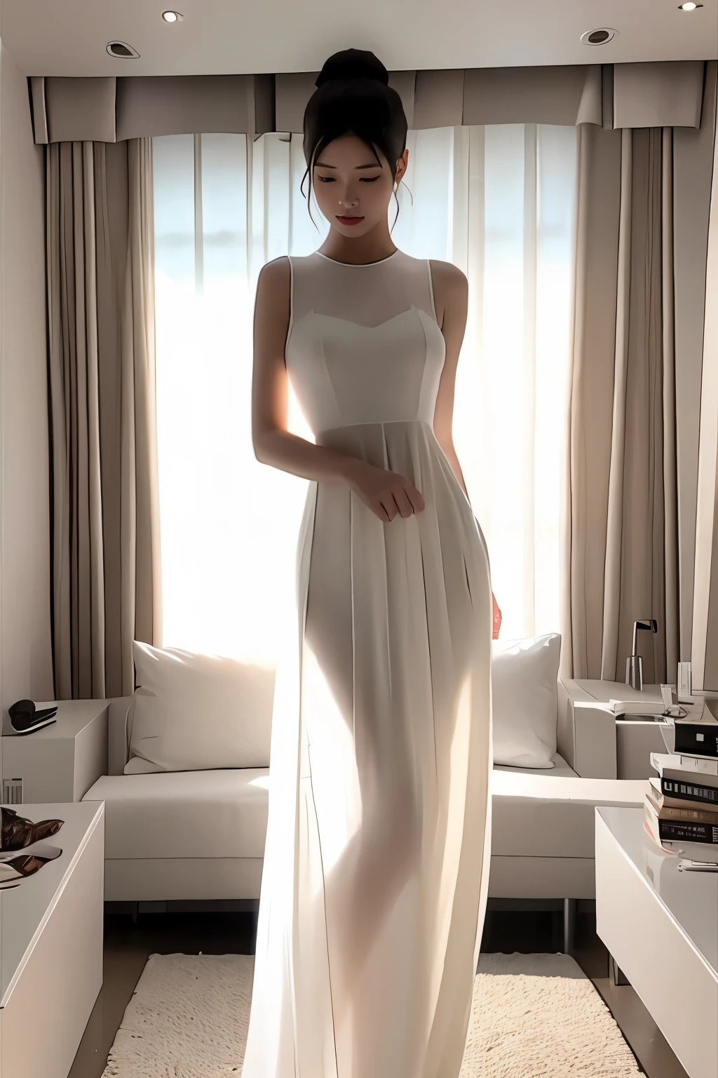 (masterpiece, best quality:1.2), 1girl, solo, delicate face, white-skinned female, see-through silhouette, white dress, full body, indoor,in movie theatre
