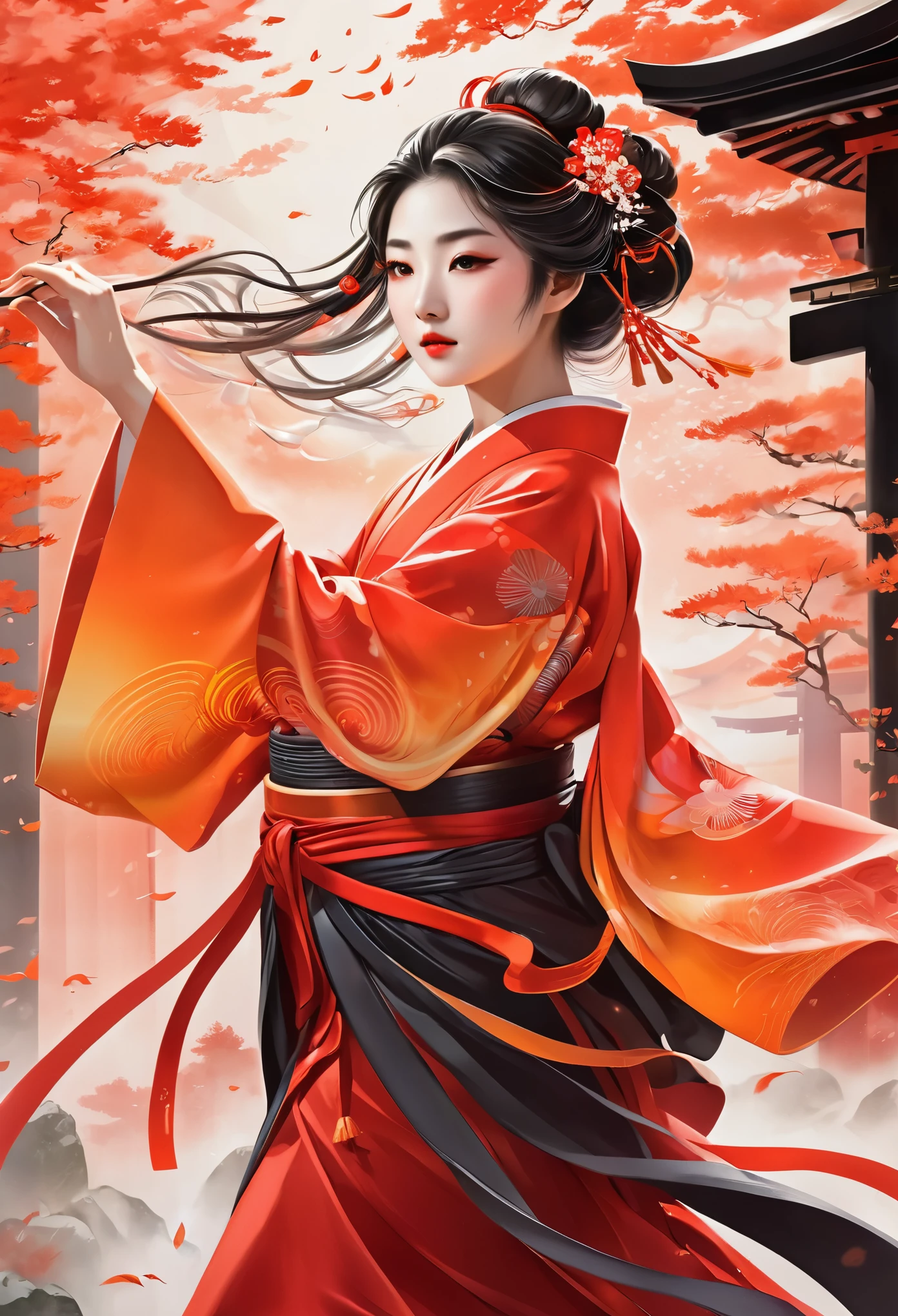 best quality, super fine, 16k, incredibly absurdres, extremely detailed, delicate, flashy and dynamic depiction, solid red, orange to red gradient, black line art, dance of a shrine maiden at a Japanese shrine or temple, wind, wind-effect, AI's extraordinary skills and sense, blend art, mixture art, design art