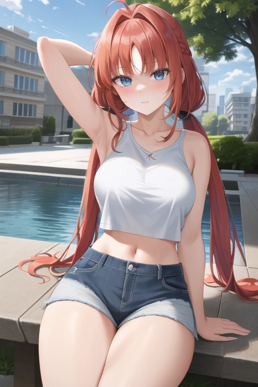 (masterpiece, best quality, ultra-detailed), nilou \(genshin impact\), (red hair), cone hair bun, twin tails, long hair, swept bangs, braid, braided bangs, blue eyes, blue eyes,
(wearing a t-shirt:1.2), sitting on a chair outside of caf, embracing the natural beauty, sunlight, beautiful cloudy sky, city, street, denim shorts, black stocking,
medium breasts, thick thighs, critical angle, cowboy shot, arm behind head, arm behind back, armpits, shy face, crop top, strong and seductive expressions,,