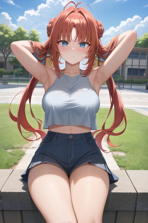 (masterpiece, best quality, ultra-detailed), nilou \(genshin impact\), (red hair), cone hair bun, twin tails, long hair, swept bangs, braid, braided bangs, blue eyes, blue eyes,
(wearing a t-shirt:1.2), sitting on a chair outside of caf, embracing the natural beauty, sunlight, beautiful cloudy sky, city, street, denim shorts, black stocking,
medium breasts, thick thighs, critical angle, cowboy shot, arm behind head, arm behind back, armpits, shy face, crop top, strong and seductive expressions,,