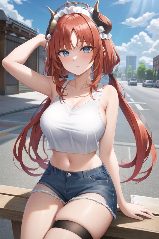 (masterpiece, best quality, ultra-detailed), nilou \(genshin impact\), (red hair), cone hair bun, twin tails, long hair, swept bangs, braid, braided bangs, blue eyes, blue eyes,
(wearing a t-shirt:1.2), sitting on a chair outside of caf, embracing the natural beauty, sunlight, beautiful cloudy sky, city, street, denim shorts, black stocking,
medium breasts, thick thighs, critical angle, cowboy shot, arm behind head, arm behind back, armpits, shy face, crop top, strong and seductive expressions,,