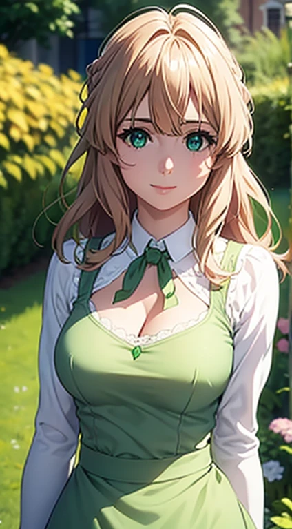 Cute Italian girl, big breasts breasts, cleavage, Italian lady, Model, long open hair, hair floating, green color full sleeve clothes, white apron, green eyes and bright yellow hair, short skirt, ultra realistic eyes , sunlight and garden background, bright purple eyes, ultra realistic detailed eyes, innocent eyes, looking at camera, beautiful smile, beautiful face , bright yellow color hair