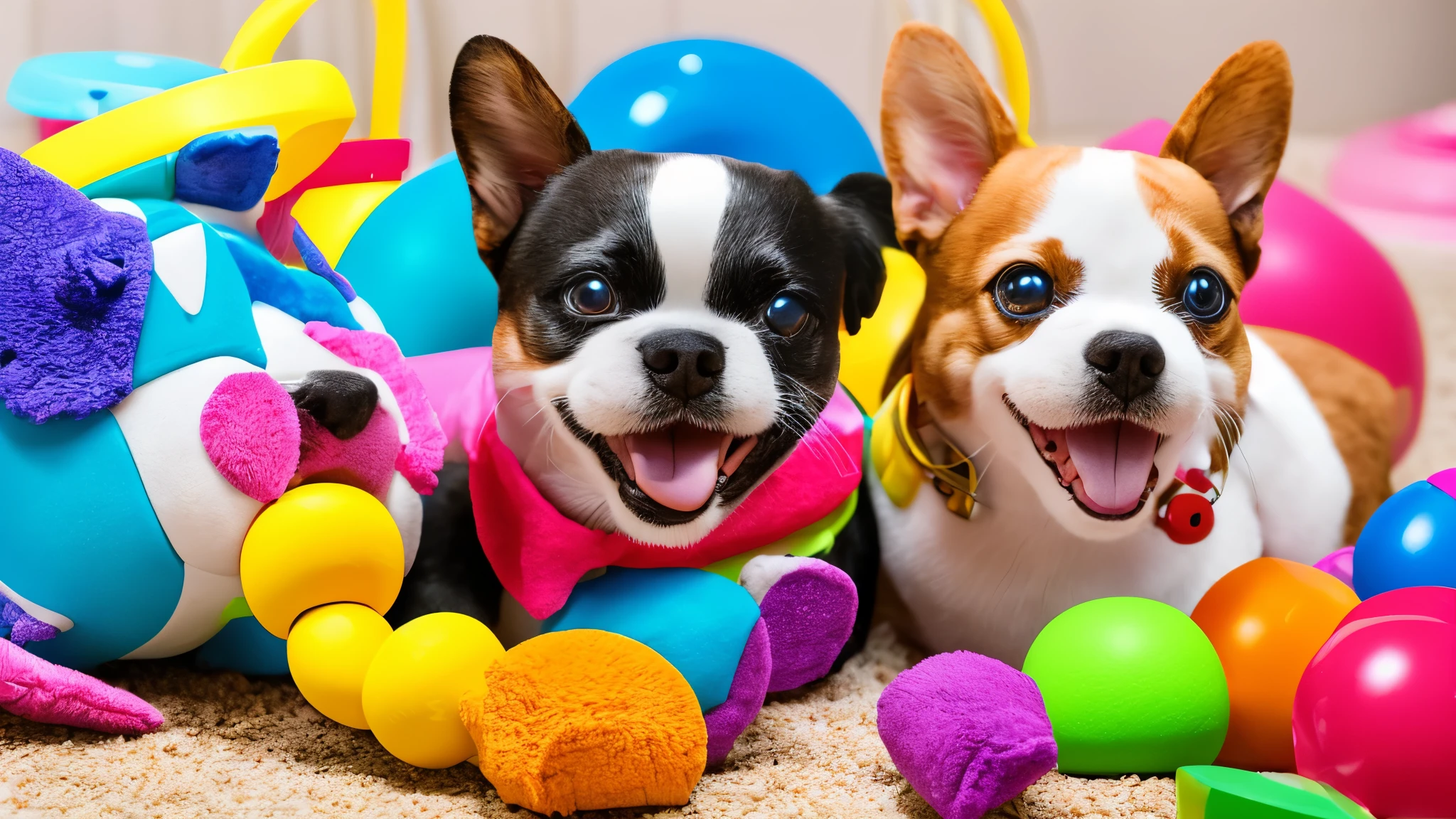 generate a pet product for a professional ad picture (colorful toys, chic accessories, and premium care items.....) realistic , happy pet , play pet , positive energy