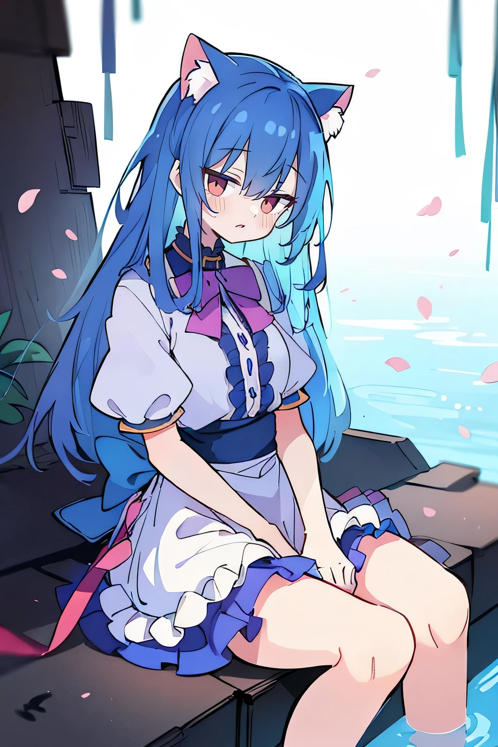 (masterpiece:1.2),ultra-detailed,realistic,expressive eyes,fair-skinned,perfectly shaped face,1girl,
Japanese cartoons,Gorgeous blue hair, flowing blue hair,floating clothes,cat ears,petals falling,beautiful Lola,Hina Angel,
hands on waist,gracefully sitting on the ground,legs crossed,gentle and serene background,cool and comfortable pavilion.