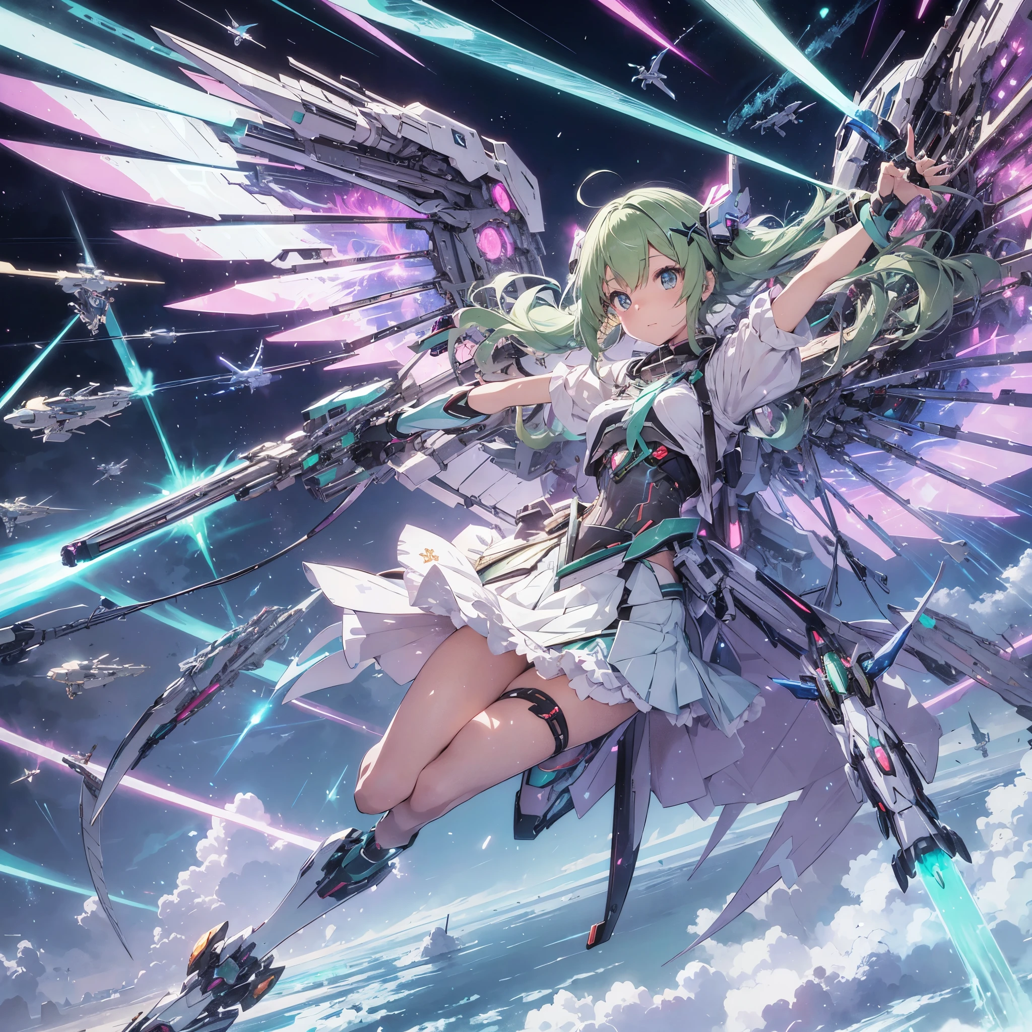 Anime style illustration of a girl with pastel green hair in aerial beam sword action. Made by FuturEvoLab, (X-ray style: 1.5), Detailed explanation, (Mecha flare type skirt: 1.5), This is a scene where a girl captures her movements. Aerial battles and performances that are dynamically composed of movement and intensity. Mechanical wings, futuristic mechs, extradimensional cyberpunk, glowing core reactors, etheric energy fields, bright colors, intricate details, movies