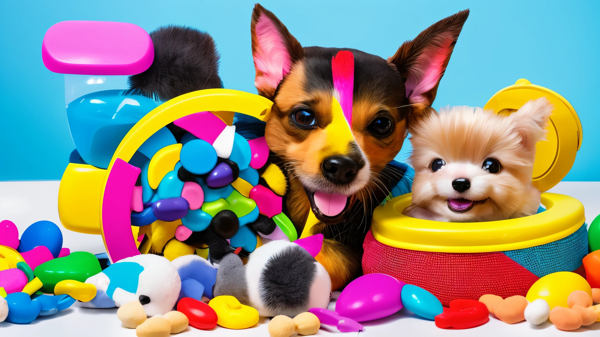 generate a pet product for a professional ad picture (colorful toys, chic accessories, and premium care items.....) realistic , happy pet , play pet , positive energy