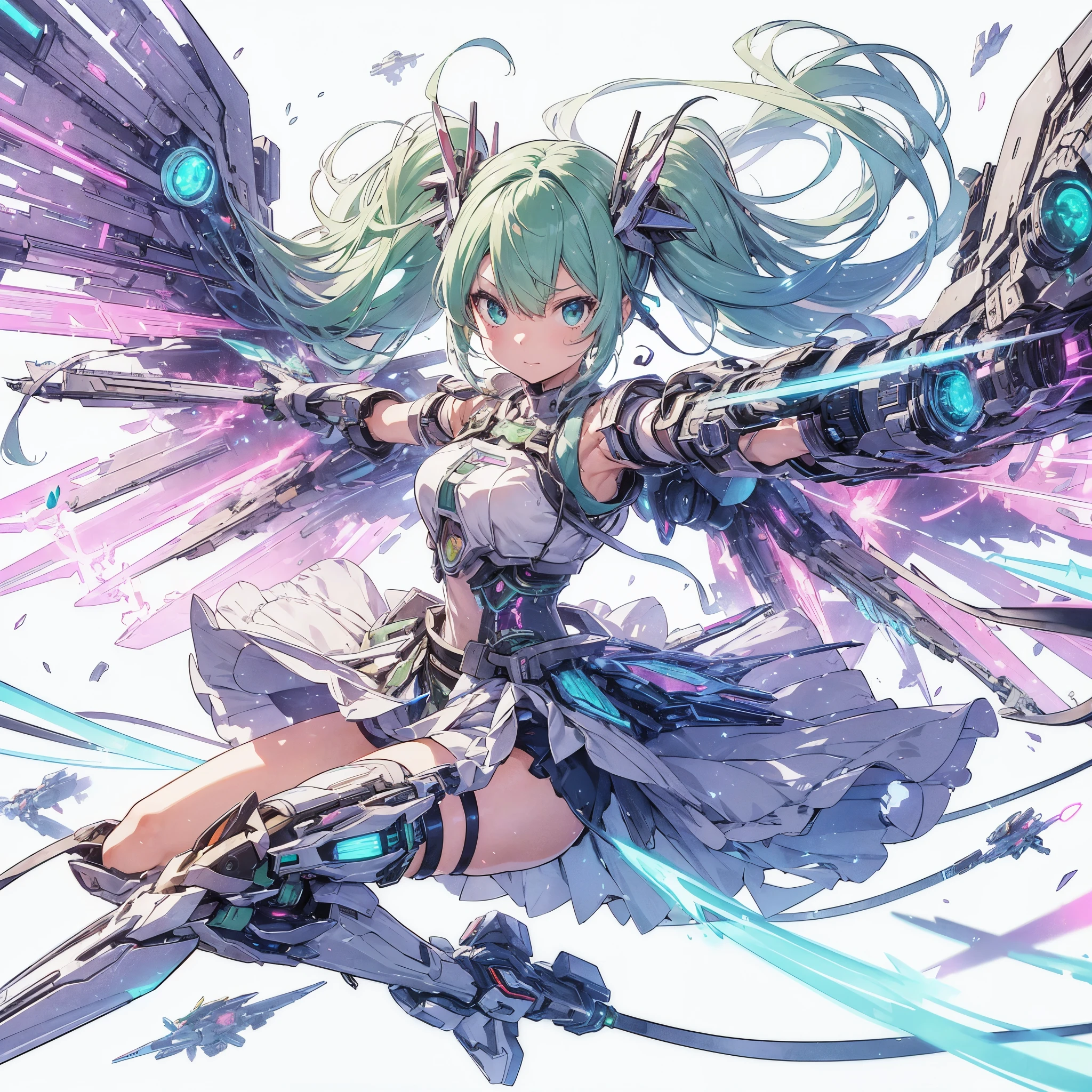 Anime style illustration of a girl with pastel green hair in aerial beam sword action. Made by FuturEvoLab, (X-ray style: 1.5), Detailed explanation, (Mecha flare type skirt: 1.5), This is a scene where a girl captures her movements. Aerial battles and performances that are dynamically composed of movement and intensity. Mechanical wings, futuristic mechs, extradimensional cyberpunk, glowing core reactors, etheric energy fields, bright colors, intricate details, movies