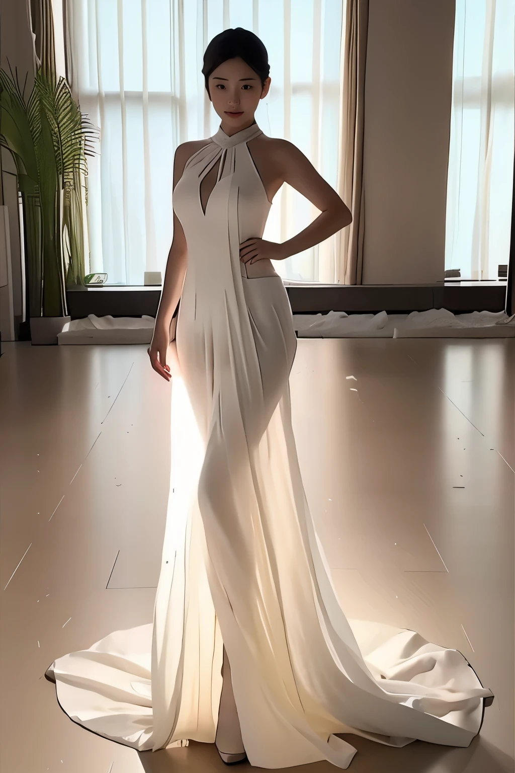 (masterpiece, best quality:1.2), 1girl, solo, delicate face, white-skinned female, see-through silhouette, white dress, full body, indoor,banquet