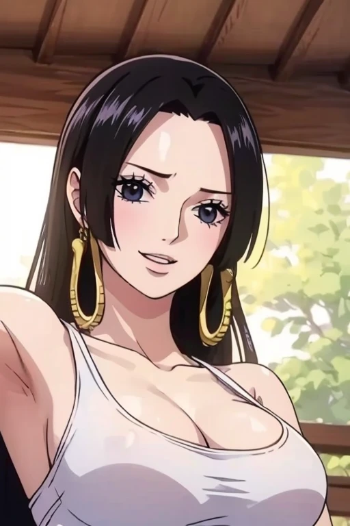 (((masterpiece))), (((best quality))), ((ultra-detailed)), (highly detailed CG illustration), Boa Hancock, (nsfw:1.4), (masterpiece:1.5), Detailed Photo, Smiling, Sexy, (Best Quality: 1.4), (1girl), Beautiful Face, (Black Hair, long Hair: 1.3), Beautiful Hairstyle,  beautiful detail eyes, (realistic skin), beautiful skin, absurd, attractive, ultra high resolution, high definition, (sexually aroused:1.5), Pinkish white skin, cool white light, sexy pose, Beautiful , white background, pink soft white light, Wear a white tank top,