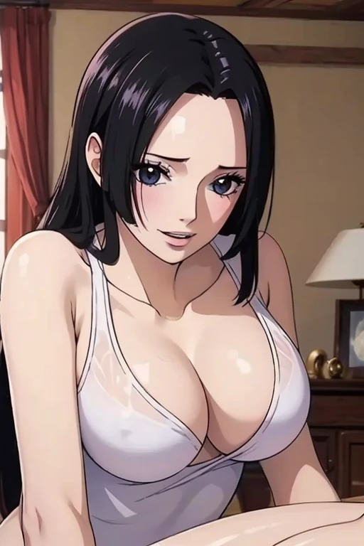(((masterpiece))), (((best quality))), ((ultra-detailed)), (highly detailed CG illustration), Boa Hancock, (nsfw:1.4), (masterpiece:1.5), Detailed Photo, Smiling, Sexy, (Best Quality: 1.4), (1girl), Beautiful Face, (Black Hair, long Hair: 1.3), Beautiful Hairstyle, beautiful detail eyes, (realistic skin), beautiful skin, absurd, attractive, ultra high resolution, high definition, (sexually aroused:1.5), Pinkish white skin, cool white light, sexy pose, Beautiful , white background, pink soft white light, Wear a white tank top,