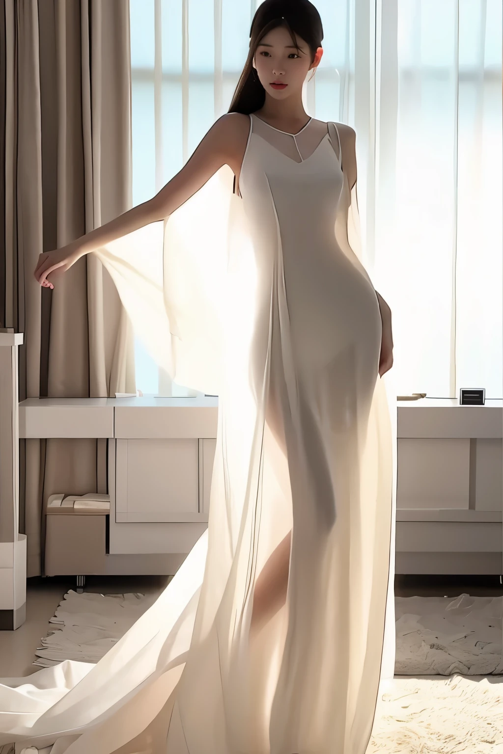 (masterpiece, best quality:1.2), 1girl, solo, delicate face, white-skinned female, see-through silhouette, white dress, full body, indoor