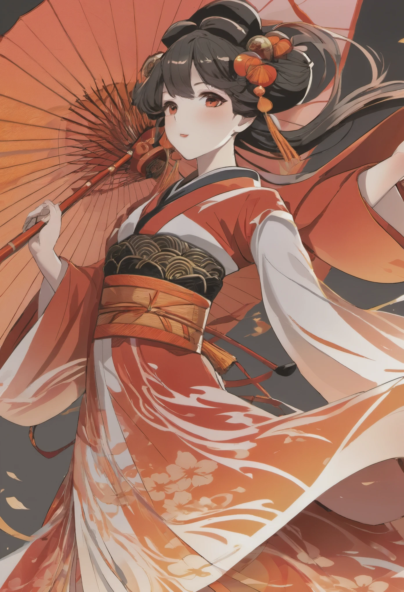 best quality, super fine, 16k, incredibly absurdres, extremely detailed, delicate, flashy and dynamic depiction, solid red, orange to red gradient, black line art, dance of a shrine maiden at a Japanese shrine or temple, wind, wind-effect, AI's extraordinary skills and sense, blend art, mixture art, design art