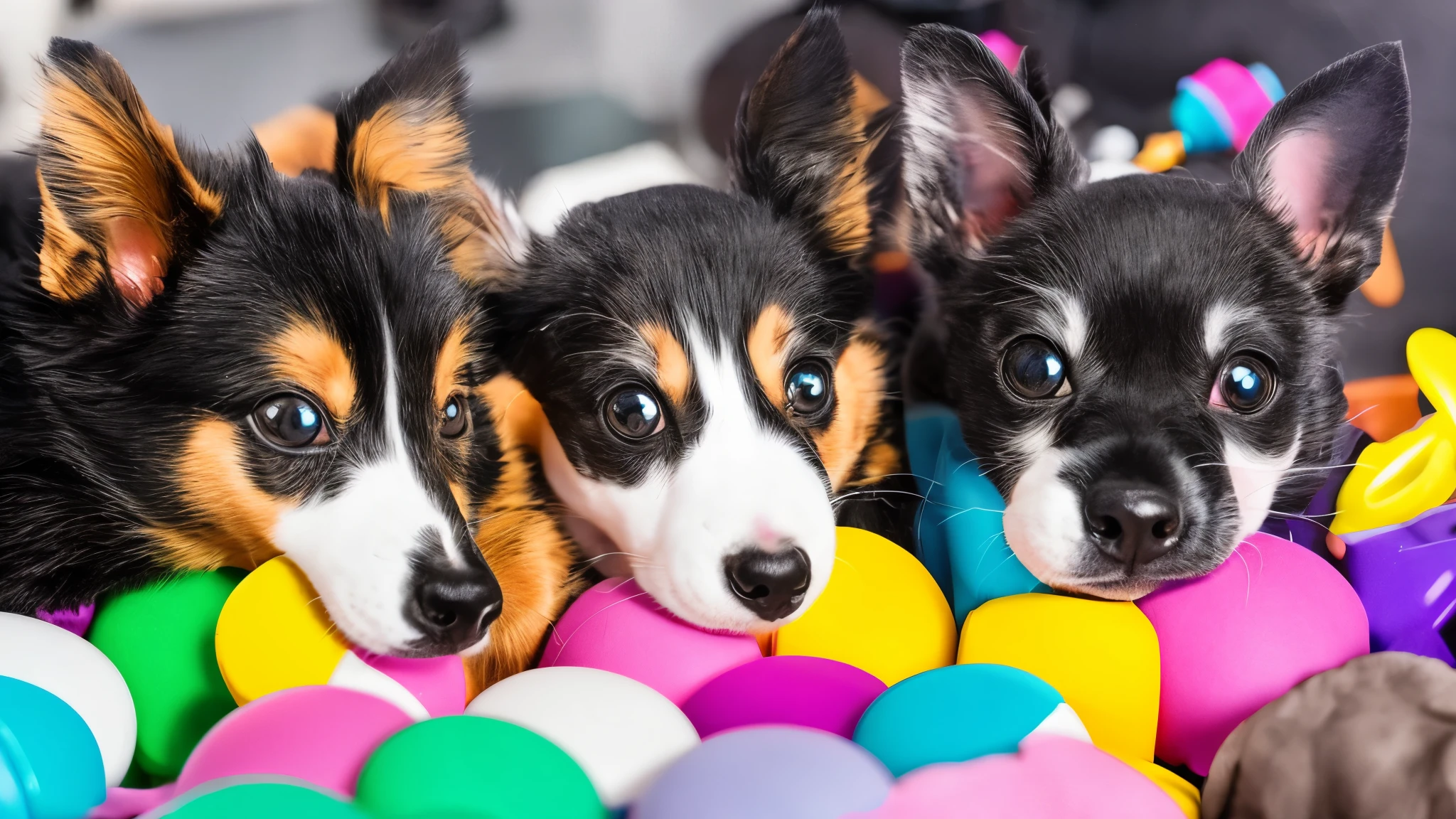 generate a pet product for a professional ad picture (colorful toys, chic accessories, and premium care items.....) realistic , happy pet , play pet , positive energy