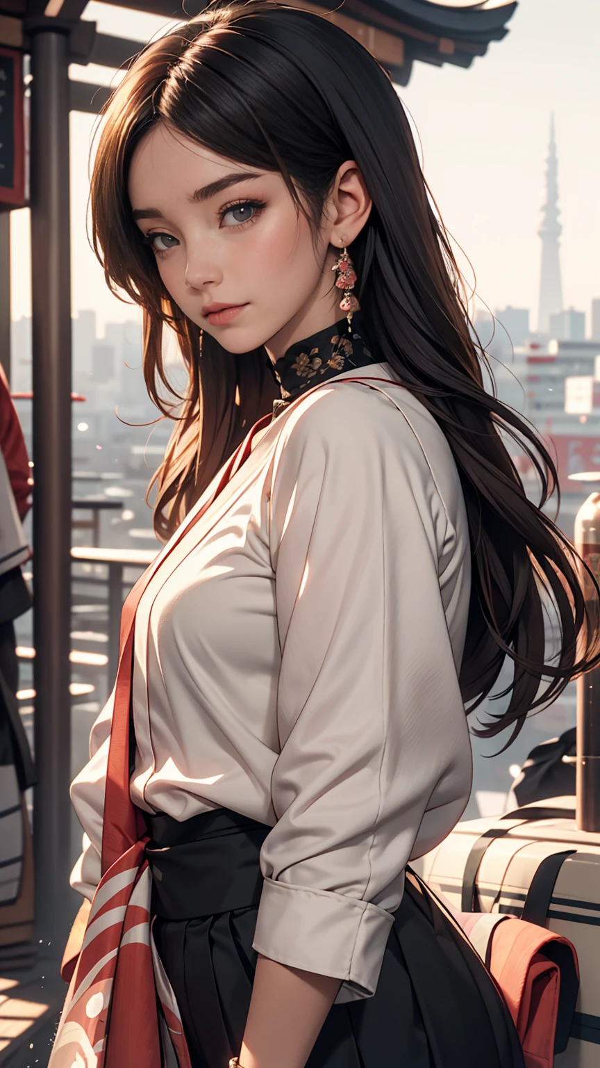 Arabian woman standing on top of a building overlooking the city, Ulzzang, Korean Girls, Portrait of a Japan ager, Wearing long, loose clothing, 🤤 Portrait of a Girl, Chiho, Yoshitomo Nara, Portrait of Black Pink's Joshi, young asian girl, From 8k matte, egirl, e - girl