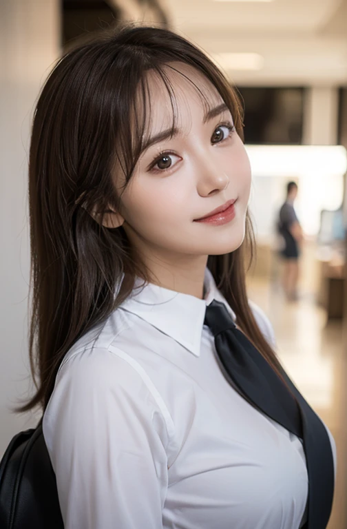 Office worker , in office, detained hand , high quality, super quality, detailed face, beautiful woman , golden eyes, long hair , smile, side view , fully body