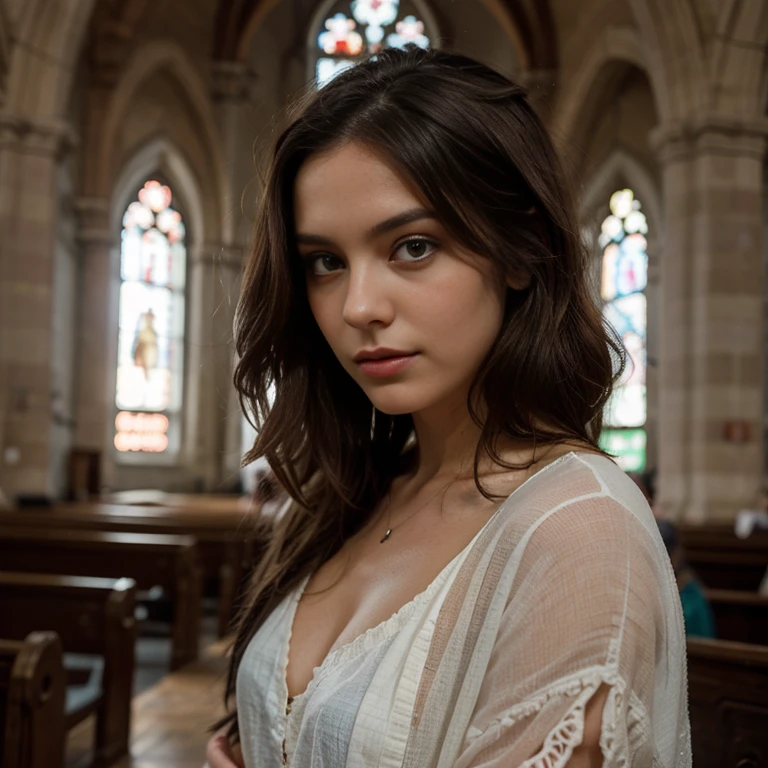 jeune femme de 25 ans, brune, professional lighting, flash lighting, in a church, portant une robe de mariée de princesse