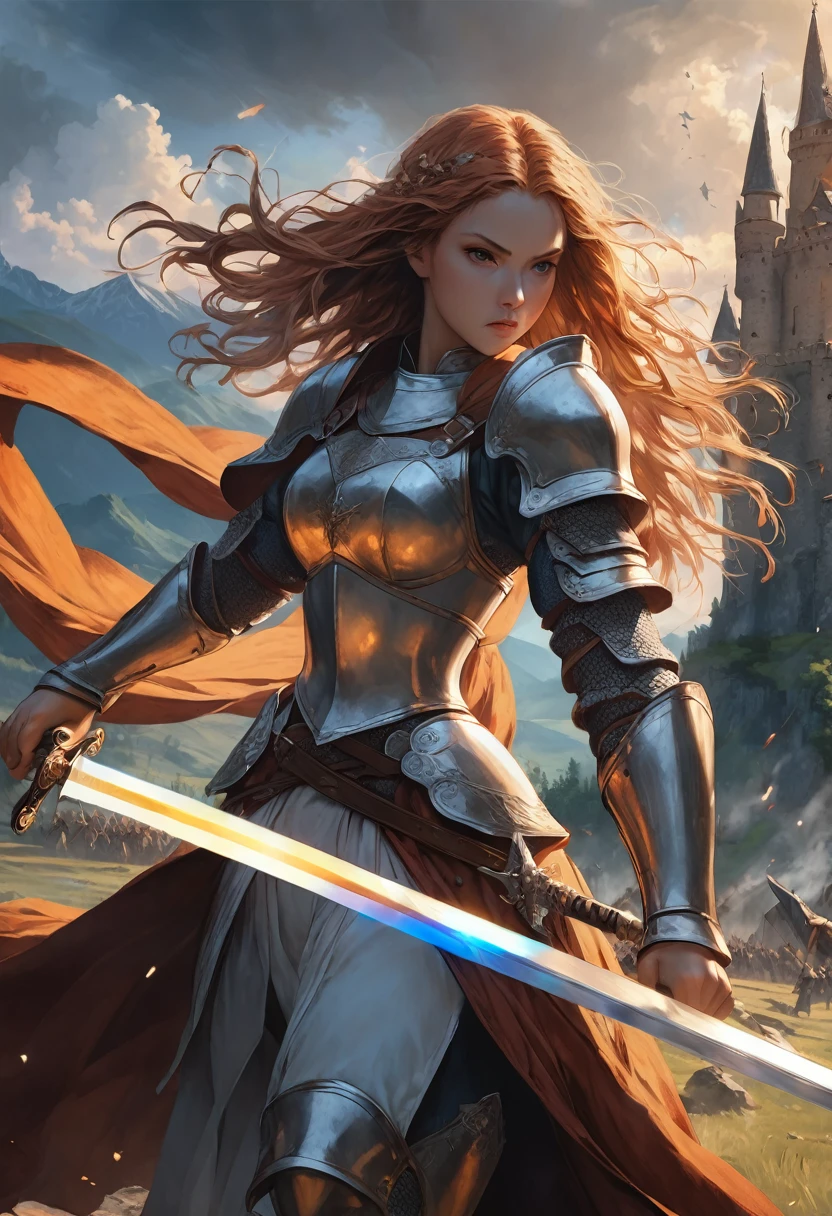 1girl,Swordsman,(with sword and armor),medieval setting,heroic pose,dramatic lighting,vivid colors,realistic details,strong and muscular,action-packed,blade sparkling in sunlight,background of castle and mountains,battlefield chaos,worn and battle-scarred armor,steely determination,ferocious eyes,swirling cloak,confident and skilled stance,(sword slashing through the air:1.1).(best quality,4k,highres),epic battle scene,brave and fearless warrior,striking and powerful image.