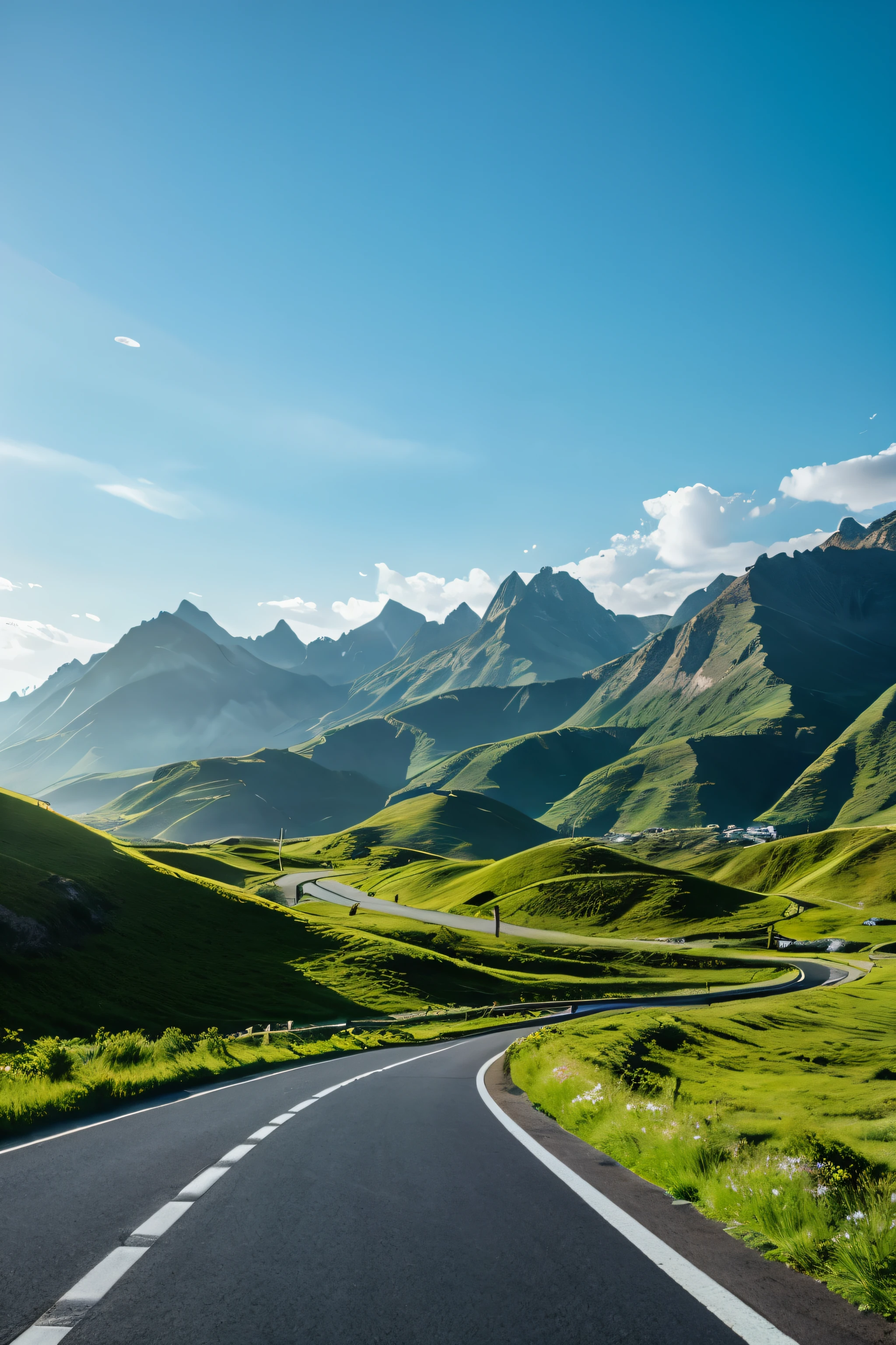 Futuristic road leading from lush mountain range to the big city of the future、