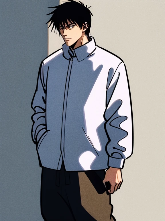 (Illustration, high resolution, best quality: 1.5, masterpiece, minimalist, simplistic detail, anime) solo: 2, ager, fushiguro toji, baggy pants, shirt, fur collar coat, holding knife, aiming,
