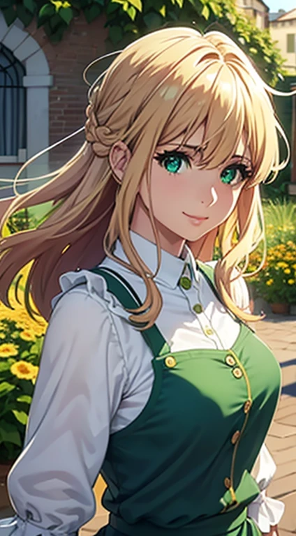 Cute Italian girl, big breasts , Italian lady, Model, long open hair, hair floating, green color full sleeve clothes, white kitchen apron, green eyes and bright yellow hair, short skirt, ultra realistic eyes , sunlight and garden background, bright purple eyes, ultra realistic detailed eyes, innocent eyes, looking at camera, beautiful smile, beautiful face , bright yellow color hair