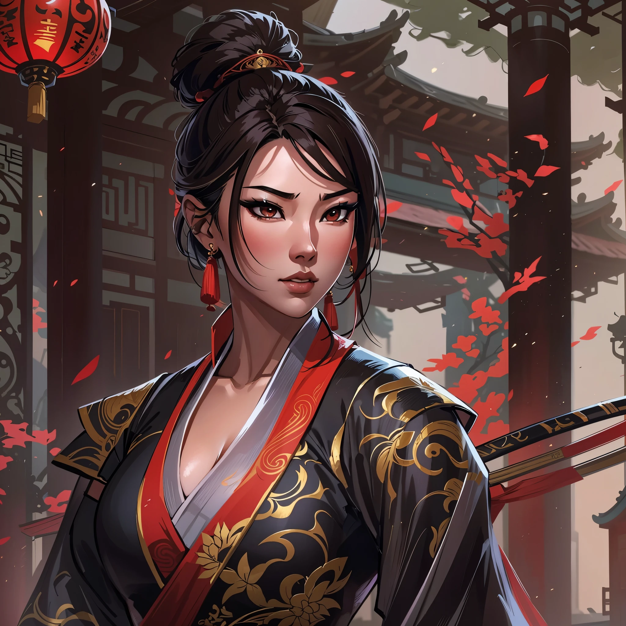 a close up of an asian woman in her 30's, with brown eyes and smooth brown hair, wearing a black and red ball gown dress, a heroine with brown eyes, martial artist holding sword, standing in a chinese temple, new costume concept design, in the style of blade and soul, full body character concept, detailed character design, inspired by Yang Jin, inspired by Li Mei-Shu, chinese costume, inspired by Lan Ying, inspired by Sim Sa-Jeong, inspired by Li Tang, lunar themed attire, costume with black accents, inspired by Ju Lian, colored concept art, highly detailed character design, highly detailed face, inspired by Ai Xuan, very highly detailed face, unreal engine render, final fantasy 14 style, inspired by Leng Mei