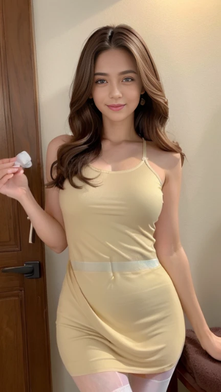 highest quality,Best image quality,Ultra-high resolution,8k,Hyperrealism,High saturation,Realistic,Photorealistic Stick,Accurate ???????,Written boundary depth,Ideal body,Japanese,24 year old beautiful girl,beauty,cute,cute笑顔,A kind smile,(brown hair:1.2),Loose wavy hair,(Droopy eyes:1.2),(Beautifully detailed round eyes:1.2),rather thin lips,slightly thick lips,A cup breasts,Small breasts,Feminine waist,Small Ass,Realistic Skin,Sunburned skin,Wheat peel,Highly detailed face and skin texture,Glowing Skin,height: 158cm,(The whole body is visible:1.2),(male&#39;Hair salon staff:1.2),Simple room,(Beige dress:1.2),(Massage oil in hand:1.4),(Panty lines:1.8)