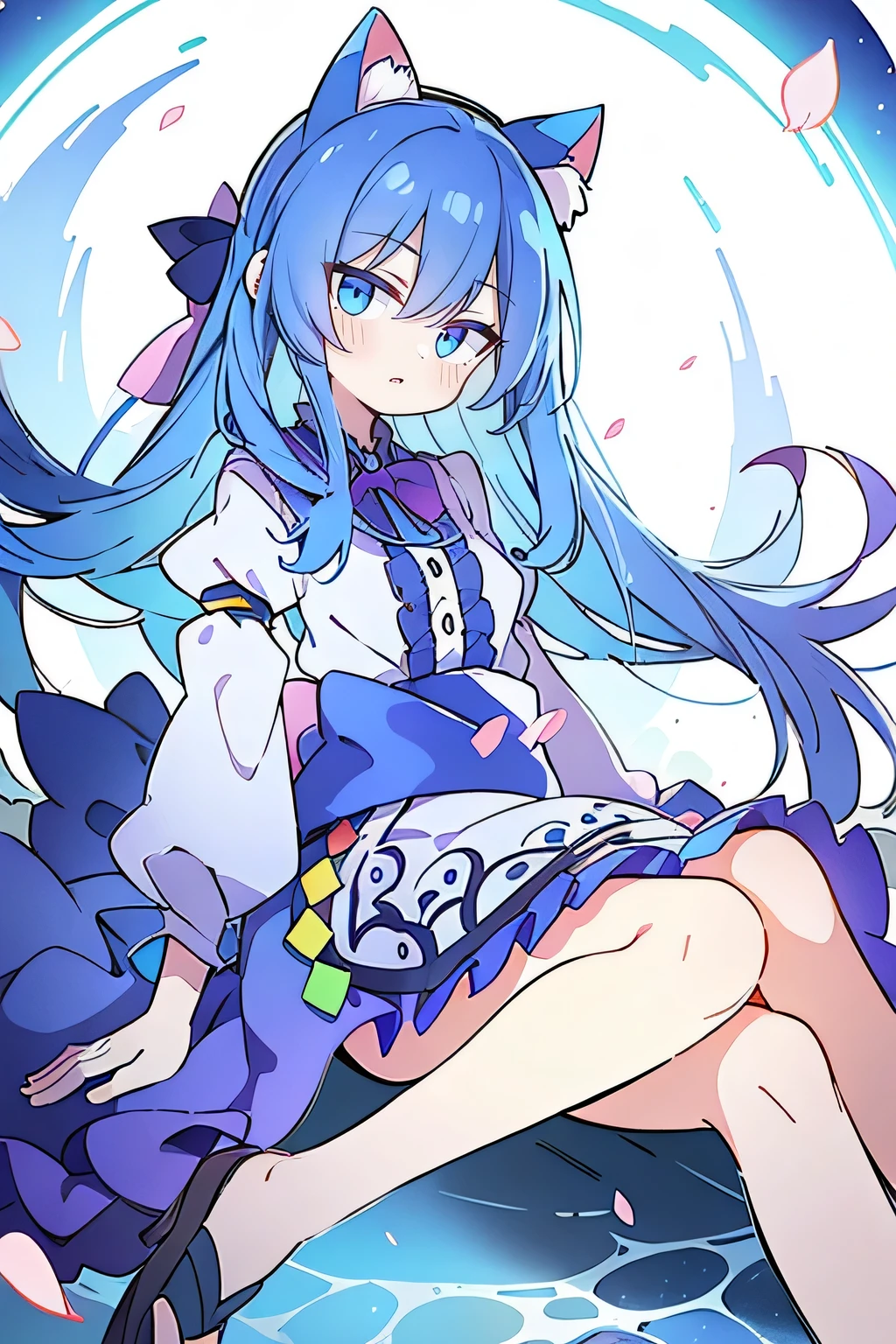 (masterpiece:1.2),ultra-detailed,realistic,expressive eyes,fair-skinned,perfectly shaped face,1girl,
Japanese cartoons,Gorgeous blue hair, flowing blue hair,floating clothes,cat ears,petals falling,beautiful Lola,Hina Angel,
hands on waist,gracefully sitting on the ground,legs crossed,gentle and serene background,cool and comfortable pavilion.