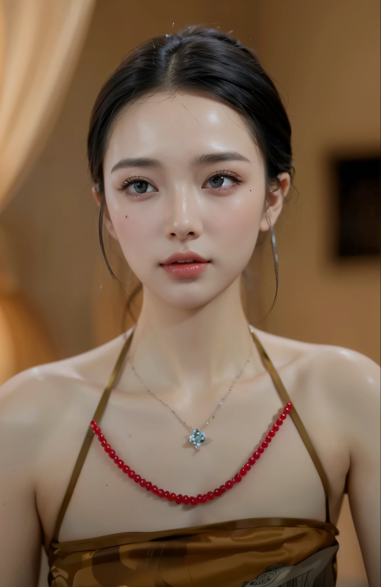 Game Art，Best image quality，Maximum resolution，8k，(A half-length photo)，(portrait)，(Head close-up)，(Rule of Thirds)，Unreal Engine 5 rendering works，20 year old girl，((Queen))，The eyes are very detailed，(Large Breasts)，Elegance and nobility，Movie Lighting，Ray Tracing，Game CG，((3D Unreal Engine))，OC rendering reflection pattern，4K，Ultra-clear，Sensual，Translucent lace，Fair and plump figure，Pretty Face，Glossy Gel Coat，身着华贵礼服的Queen，Crystal Gem Crown，Necklace jewelry，blue eyes，Black tattoo(whole body)，The tattoo is very three-dimensional，Gorgeous and intricate tattoo designs，Ultra-clearportrait(8k)