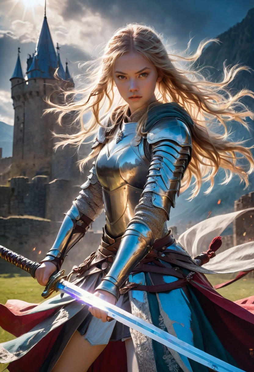 1girl,Swordsman,(with sword and armor),medieval setting,heroic pose,dramatic lighting,vivid colors,realistic details,strong and muscular,action-packed,blade sparkling in sunlight,background of castle and mountains,battlefield chaos,worn and battle-scarred armor,steely determination,ferocious eyes,swirling cloak,confident and skilled stance,(sword slashing through the air:1.1).(best quality,4k,highres),epic battle scene,brave and fearless warrior,striking and powerful image.