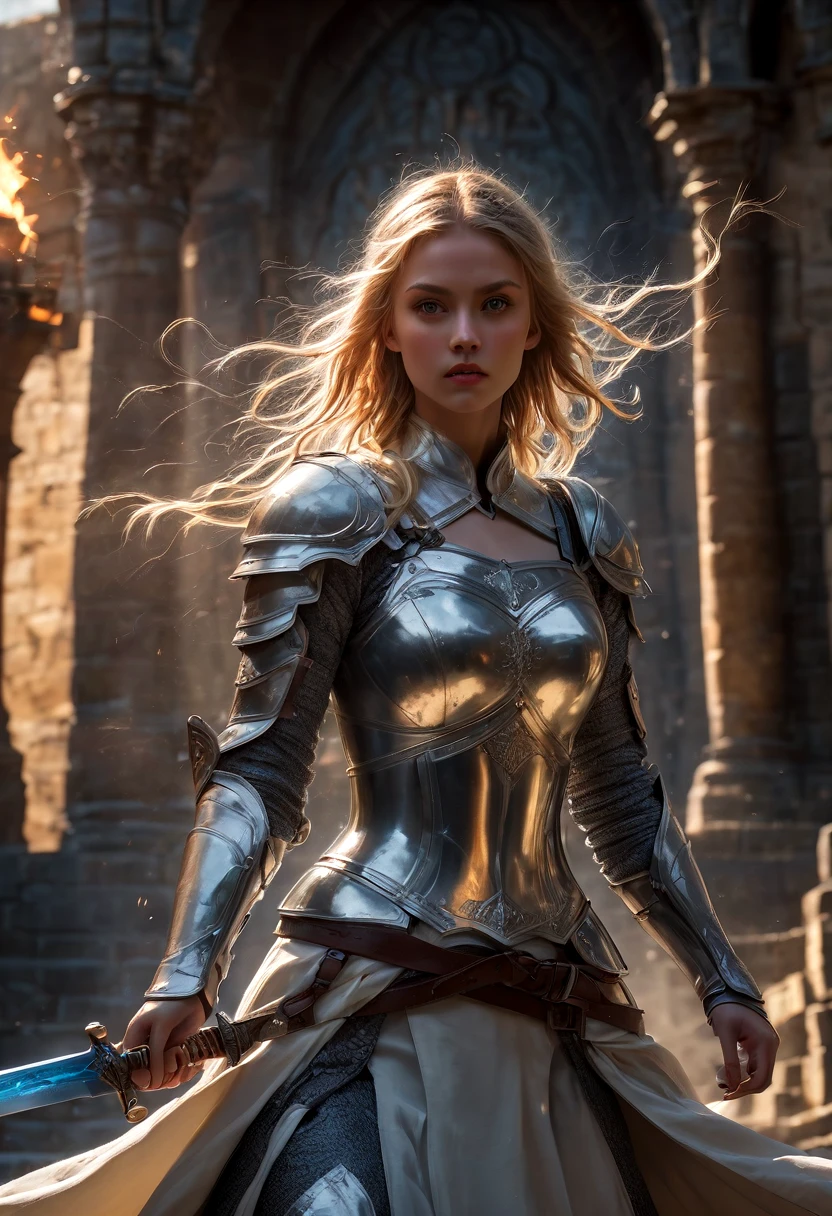 1girl,Swordsman,(with sword and armor),medieval setting,heroic pose,dramatic lighting,vivid colors,realistic details,strong and muscular,action-packed,blade sparkling in sunlight,background of castle and mountains,battlefield chaos,worn and battle-scarred armor,steely determination,ferocious eyes,swirling cloak,confident and skilled stance,(sword slashing through the air:1.1).(best quality,4k,highres),epic battle scene,brave and fearless warrior,striking and powerful image.