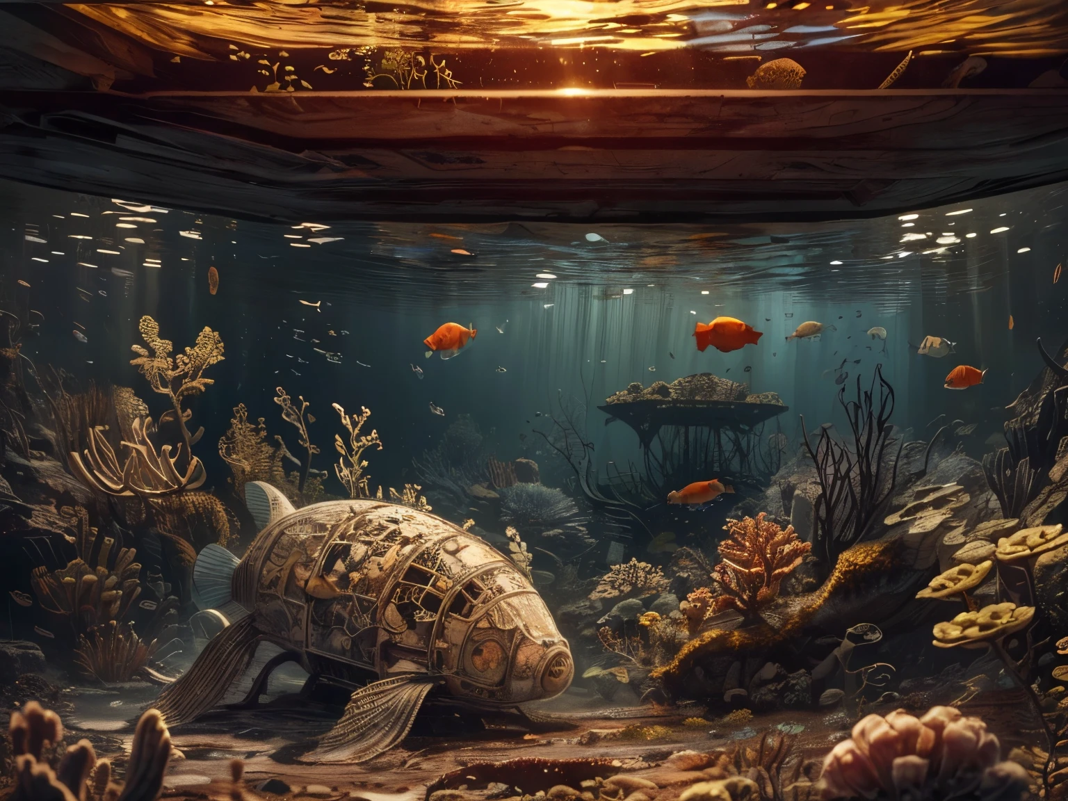 (La best quality,high resolution,super detailed,actual),at the bottom of the sea,dilapidated abandoned robot,Covered with underwater plants,There are small fish around,The light is dark( ((A masterpiece full of horror elements))), ((best quality)), ((intricate details))(8k)