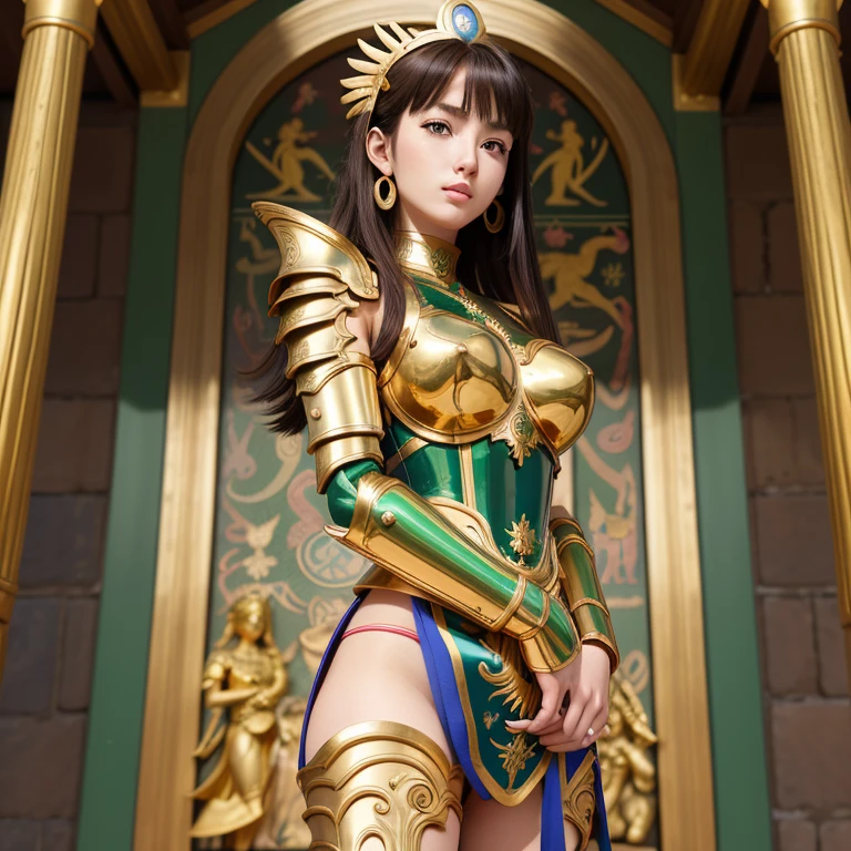une femme, 25 ans, manga, cheveux longs, cheveux multicolores, sexy, high level of detail, saint seiya, armure, signes du zodiaque, Grèce antique, temple antique, armure du zodiac, zodiac cloth, Carved, armure de Thanatos