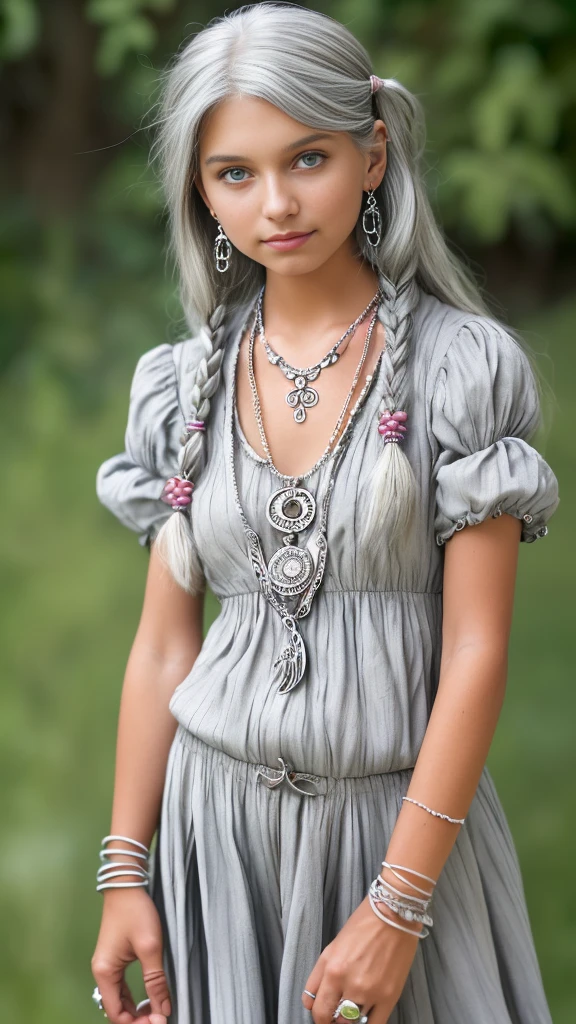 High quality, rich in detail, twin-tailed silver-haired girl posing cutely. They wear vintage clothes, wearing bracelets, earrings and necklaces