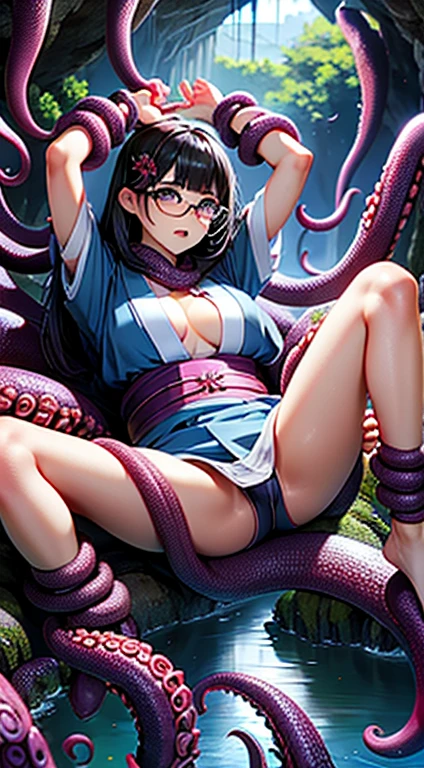 4K、highest quality、High resolution、Photorealistic、Black Hair Long Princess Cut Hair、Cute realistic Japan 18 year old girl、Looking at the camera、A park with wisteria blooming during the day, Wearing a beautiful and elegant kimono, Very large breasts, Big Breasts, Always wears glasses,Tentacles wrap around the body, tentacles entangled in limbs, Tentacles touching breasts, Tentacles in the mouth, tentacle enters pussy, Tentacles enter the anus,  Spread your legs wide, M-shaped legs, Wearing a thin white loincloth，Best Shot