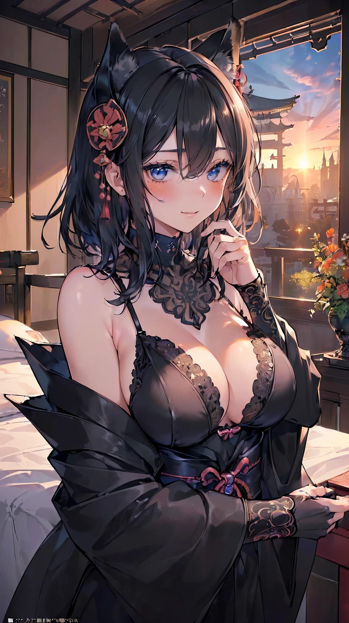 (((Masterpiece))), (((Highest quality))), ((Ultra-detailed)), ((Super fine illustration)), ((Ultra-fine painting)), (16K highest quality wallpaper:1.4), (Upper body:1.6), HDR, (Highly detailed and delicate illustration style:1.8), Detailed skin texture, Detailed cloth texture, Extreme detailed description, (T-masterpiece), (Highly detailed face:1.2), (Highly detailed black fox ears:1.2), (Highly detailed shiny black medium hair:1.2), (Highly detailed beautiful eyes:1.2), Original, RAW photo, Professional, Intricate details, Super details, Direct light:1.6, (Perfect anatomy:1.4), (Highly detailed hands:1.2), (Highly detailed fingers:1.2), (Highly detailed fingertips:1.2), (Sexy), (Sexy), (27-years-old), Real, (Solo:1.6), ((A very beautiful and attractive black fox fashion model who is a messenger of God and a traditional Japanese sacred shrine maiden:1.4)) BRAKE (Absolutely perfect completely sleeping deeply on the Highly detailed stylish and luxurious bed:1.2) BRAKE (Beautiful and adorable black fox ears:1.6), (Highly detailed and delicate black fox ears:1.2), (Beautiful and well-shaped big breasts:1.2), (Beautiful and well-shaped buttocks:1.2), (Beautiful and shiny black medium hair:1.6), (Highly detailed and delicate black medium hair:1.4), (Beautiful clear blue eyes that shine with great detail:1.6), (Highly detailed and delicate blue eyes:1.2), (Highly detailed face:1.4), (Smile:1.4), (Blush:1.6), (Looking at viewer:1.4) BRAKE ((Bright Black:1.25) sexy lingerie bra:1.3), ((Bright Black:1.25) sexy lingerie panties:1.3), (Sexy lingerie bra and sexy lingerie panties only:1.6), ((The color of the sexy lingerie is Bright Black:1.6)) BRAKE (Highly detailed Stylish and luxurious bedroom:1.2), (Highly detailed stylish and luxurious bed:1.2) BRAKE (Just after sunrise:1.5), (Intricate and detailed Beautiful sunrise and castle garden scenery:1.6), (Highly detailed and delicate luxury bedroom and bed in the background:1.4) BRAKE (NSFW) BRAKE