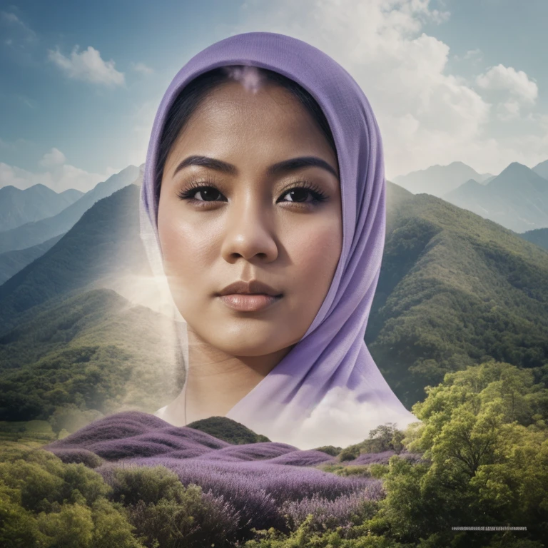 Combine a portrait of a malay girl in hijab with a beautiful lavender garden landscape and kids, creating a harmonious double exposure effect, double exposure drama poster style, poster, drama, drama tittle,