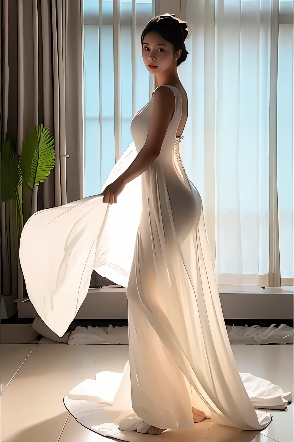(masterpiece, best quality:1.2), 1girl, solo, delicate face, white-skinned female, see-through silhouette, white dress, full body, indoor