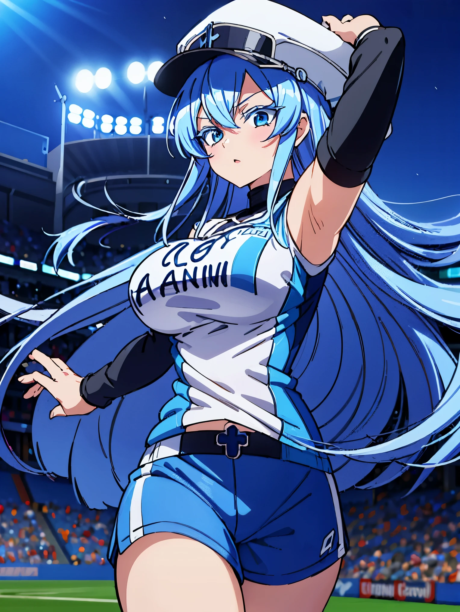 (artwork, best quality) 1 girl with long blue hair, blue eyes, blue eyelashes, well detailed eyes, big breasts, captain's hat, Argentina sports shirt, Argentina sports shorts, running, soccer field, night, celebration